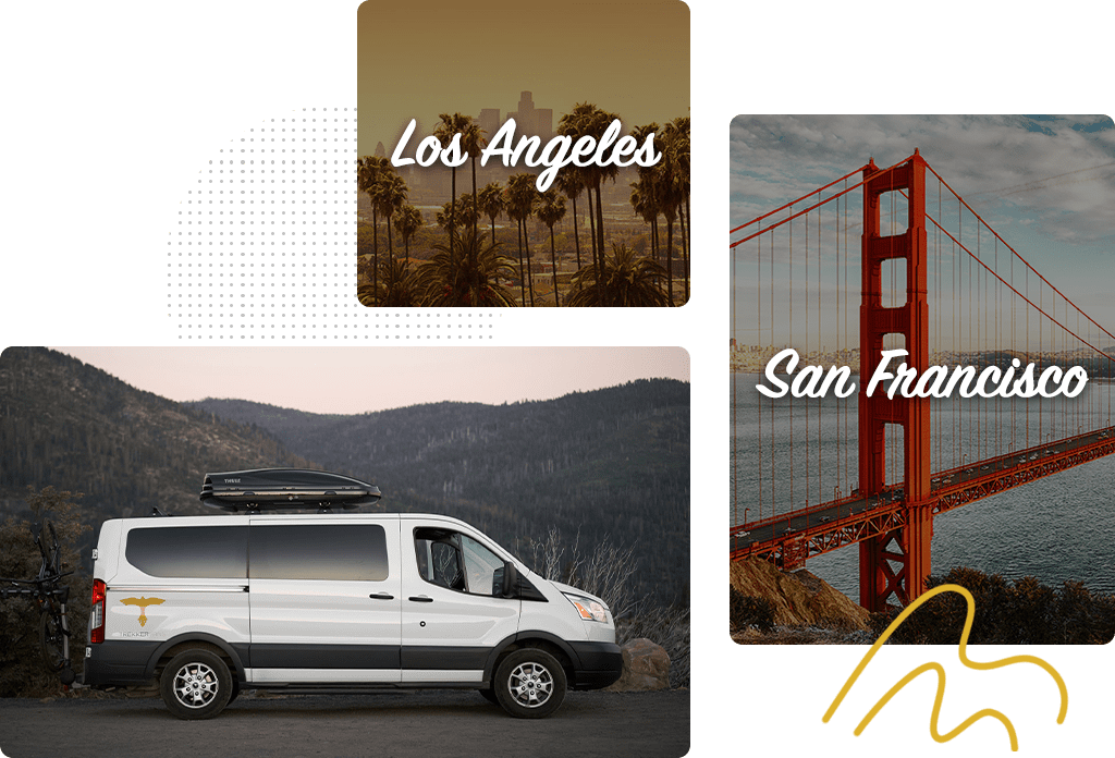 A collage of images containing The SF Bridge, the Los Angeles Skyline, and a Trekkervan